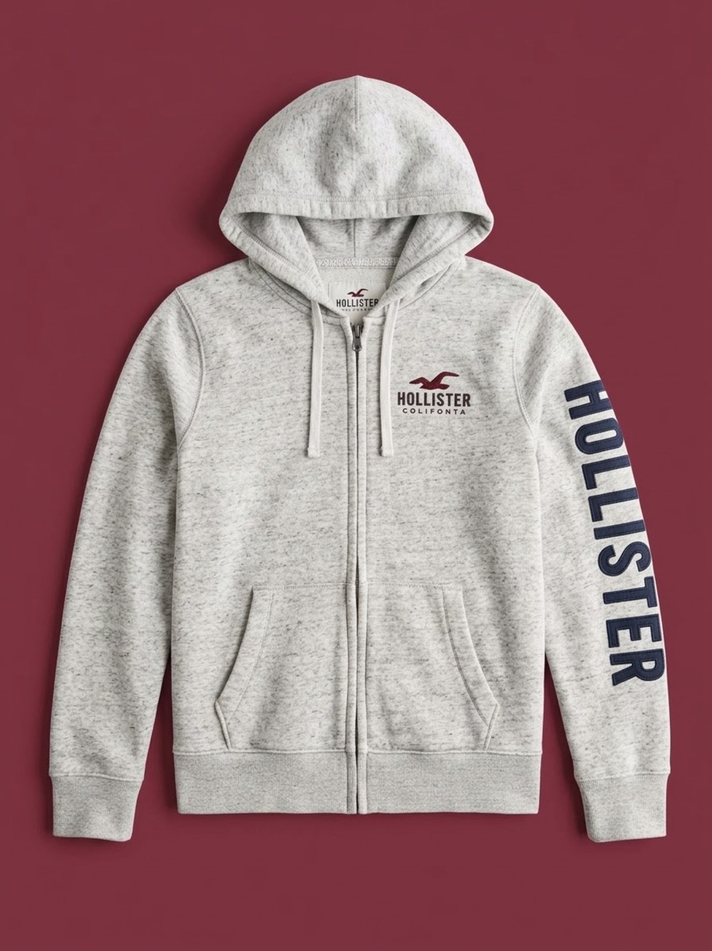Hollister Light Gray Full-Zip Hooded Sweatshirt with Navy Sleeve Logo